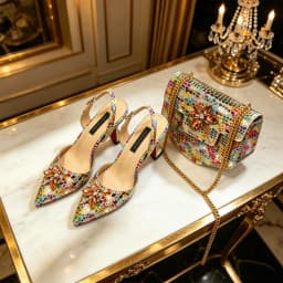Venus Chan Elegant Rhinestone Heels & Matching Bag Set, Colorful Print Pointed Toe Block Heels for Banquet Club Night