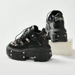 Punk Style Women Black Shoes Rock Metal Decor Lace-up Heel Height Platform Shoes Gothic Man Sneakers Women Ankle Boots 2025 New