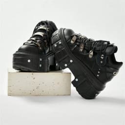 Punk Style Women Black Shoes Rock Metal Decor Lace-up Heel Height Platform Shoes Gothic Man Sneakers Women Ankle Boots 2025 New