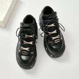 Punk Style Women Black Shoes Rock Metal Decor Lace-up Heel Height Platform Shoes Gothic Man Sneakers Women Ankle Boots 2025 New