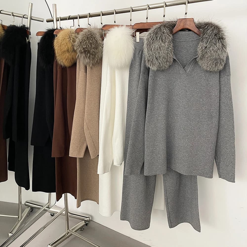 Reality Fur Jacket Pullover Set Woman Spring Knitted Suit Knitwear Female Real Fox Fur Collar Sweater Lady Autumn Knitted New