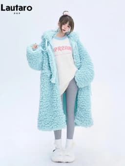 Lautaro Winter Long Oversized Casual Thick Warm Blue Thick Warm Fuzzy Fluffy Faux Fur Coat Women with Hood Zipper Fashion 2023