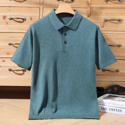 Men's summer new 100% Merino wool leisure knitted Polo neck fashion loose solid color short sleeve plus size bottoming shirt.
