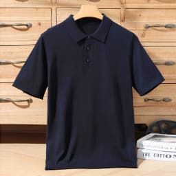 Men's summer new 100% Merino wool leisure knitted Polo neck fashion loose solid color short sleeve plus size bottoming shirt.