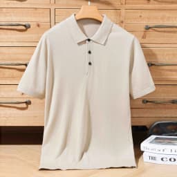 Men's summer new 100% Merino wool leisure knitted Polo neck fashion loose solid color short sleeve plus size bottoming shirt.