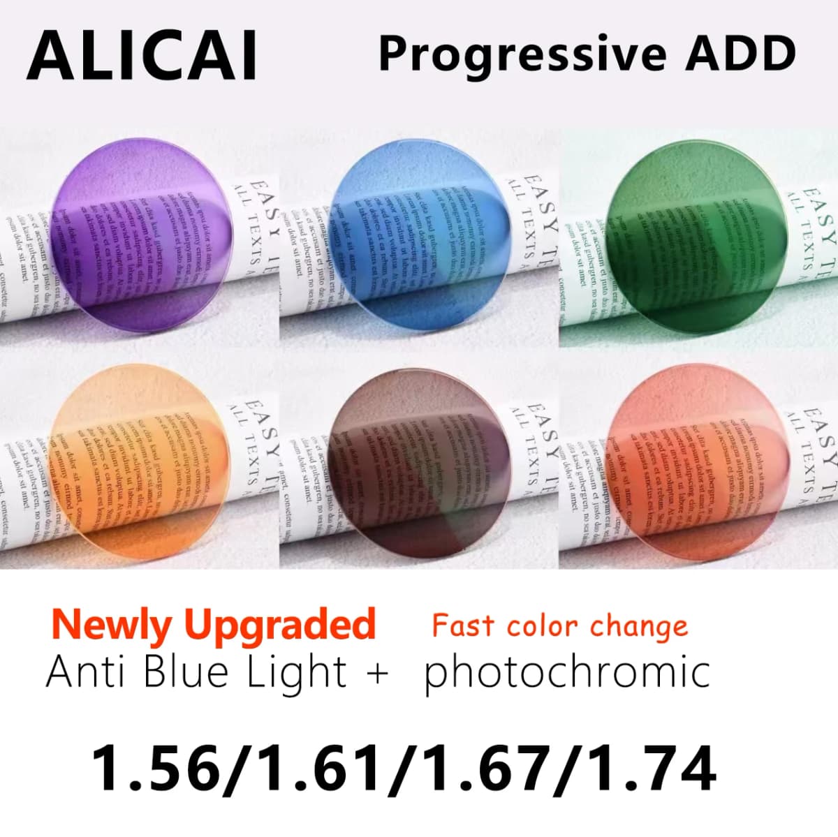 Anti-blue Light Photochromic Progressive Multifocal Lens 1.56 /1.61 /1.67 1.74  Optical Prescription Lenses Man Woman