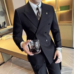 7XL-M ( Jacket + Pants ) Latest 2024 Stripe Design Double Breasted Men Suit 2 Piece Groom Wedding Business Slim Fit Prom Tuxedos