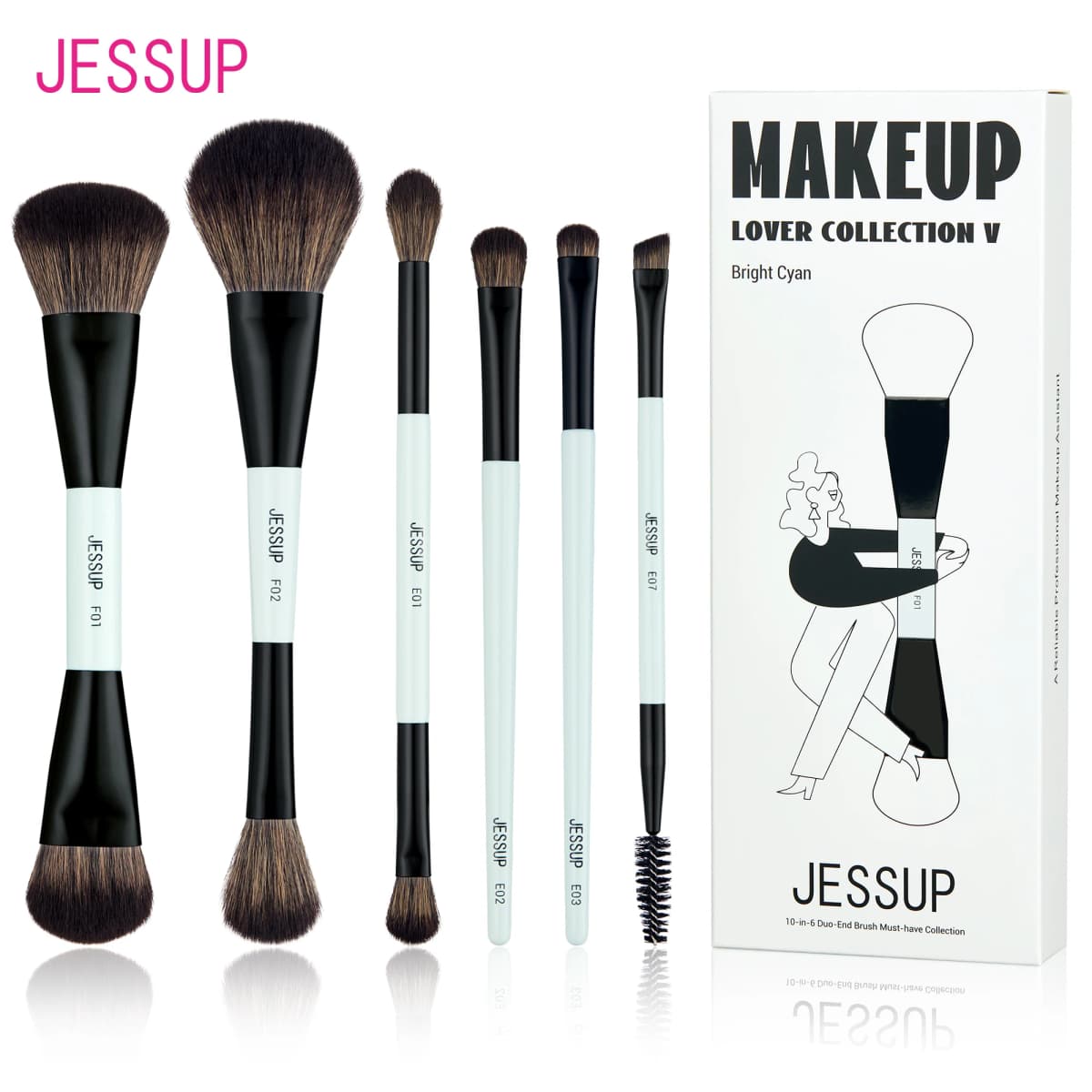 Jessup Makeup Brush Set Double Sided Makeup Brushes Foundation Contour Blush Blending Eyebrow Shadow,Fiber Bright Cyan T501
