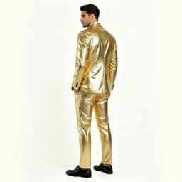 Men's Shiny Gold 2 Piece Suit, Metallic Blazer & Pants Set, Slim Fit Disco Party Stage Costume for DJ Club Prom Wedding