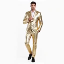 Men's Shiny Gold 2 Piece Suit, Metallic Blazer & Pants Set, Slim Fit Disco Party Stage Costume for DJ Club Prom Wedding