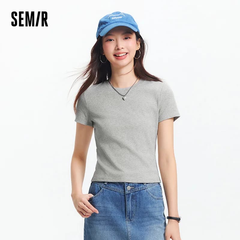 Semir Short Sleeve T-Shirt Women Cropped Embroidered Slim Fit Casual 2025 New Summer Basic Round Neck Shoulder Fit Top