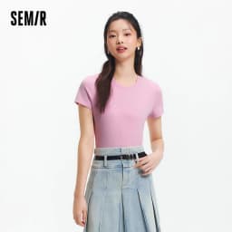 Semir Short Sleeve T-Shirt Women Cropped Embroidered Slim Fit Casual 2025 New Summer Basic Round Neck Shoulder Fit Top