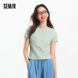 Semir Short Sleeve T-Shirt Women Cropped Embroidered Slim Fit Casual 2025 New Summer Basic Round Neck Shoulder Fit Top