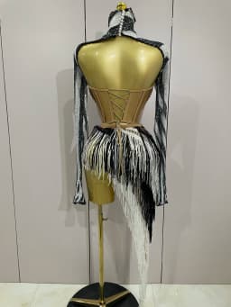 2025 New Shiny Diamond Sequin Tassels Sexy Mesh Long Sleeved Two Piece Set Women Evening Birthday Party Nightclub Stage Costume