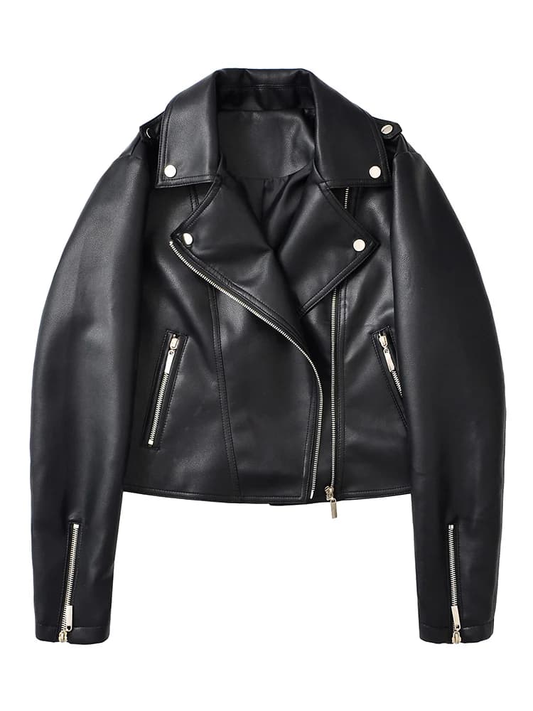 Ailegogo New Spring Autumn Moto Biker Loose Black Faux Leather Jacket Streetwear Female Zipper Coat Outwear