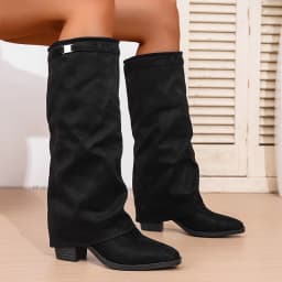 Fashion Slip On High Heeled Knee High Boots Women Autumn Winter High Tube Rider Boots Woman Pointed Toe Thick Heel Long Botas