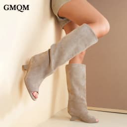 GMQM 2025 New Women’s Slouchy Knee High Boots Open Toe Wedge Heel Wide Calf Pull On For Winter Fall Fashion Casual Dress Tall