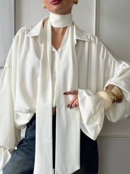 Bonboho Women's Elegant Blouse Solid White Buttoned Satin Shirts Lapel Collar Long Puff Sleeves Loose Fit T-shirt with Scarf