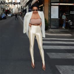 2026 Women's Shiny Compression Leggings Mid Waist Skinny Tight Yoga Workout Stirrup Pants Fashion Sport Bottoms Glossy Lingerie