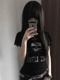 Seeslim Goth Print Women's T-shirt Short Sleeve Gothic Graphic Tee Female Clothing 2000s Clothes Y2k Summer Tops Slim Tshirt