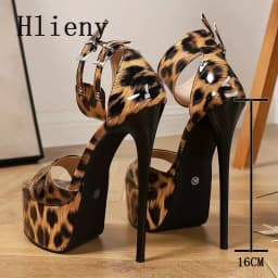 Hlieny New Sexy Leopard Print Sandals Woman Fashion Ankle Buckle Strap Open Toe Platform High Heels Banquet Party Dress Shoes