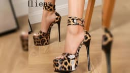 Hlieny New Sexy Leopard Print Sandals Woman Fashion Ankle Buckle Strap Open Toe Platform High Heels Banquet Party Dress Shoes