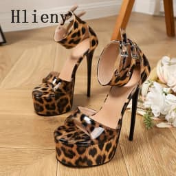 Hlieny New Sexy Leopard Print Sandals Woman Fashion Ankle Buckle Strap Open Toe Platform High Heels Banquet Party Dress Shoes