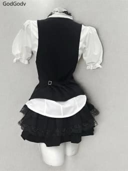 Spring Sweet Retro Elegant Woman 3 Piece Sets Preppy Style Black Vest + Bow Chic Blouse +High Waist Skirt Female Y2k Korea Style