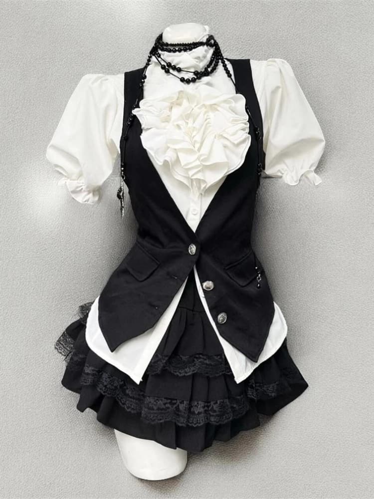 Spring Sweet Retro Elegant Woman 3 Piece Sets Preppy Style Black Vest + Bow Chic Blouse +High Waist Skirt Female Y2k Korea Style
