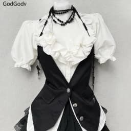Spring Sweet Retro Elegant Woman 3 Piece Sets Preppy Style Black Vest + Bow Chic Blouse +High Waist Skirt Female Y2k Korea Style