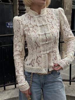 Tossy Summer Lace Printed Shirts Tops Female Hollow Out Fashion Commute Vintage See-Through Blouse Women's Lace Shrug Shirts New