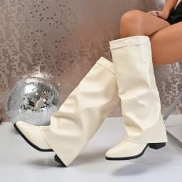 Women's Shoes New Pointed Toe Straight Glossy Medium Long Boots Large Size Chunky Heel Boots Women's Boots