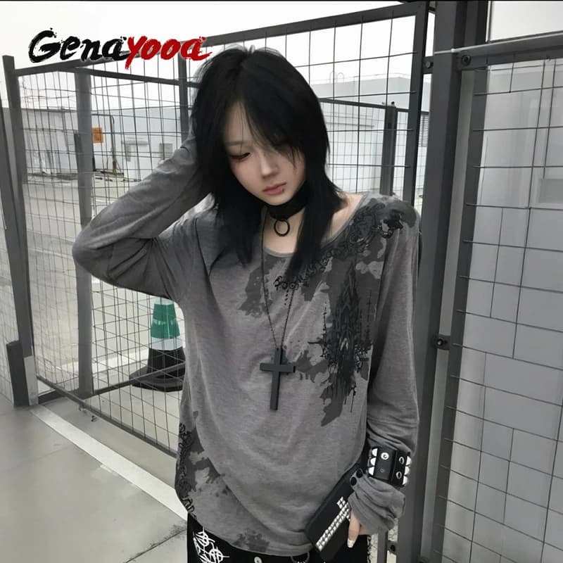 Genayooa Gothic Print T-shirt Women Long Sleeve Casual Y2k Vintage Grunge Tops Tee Streetwear American Retro Tshirts Fairycore