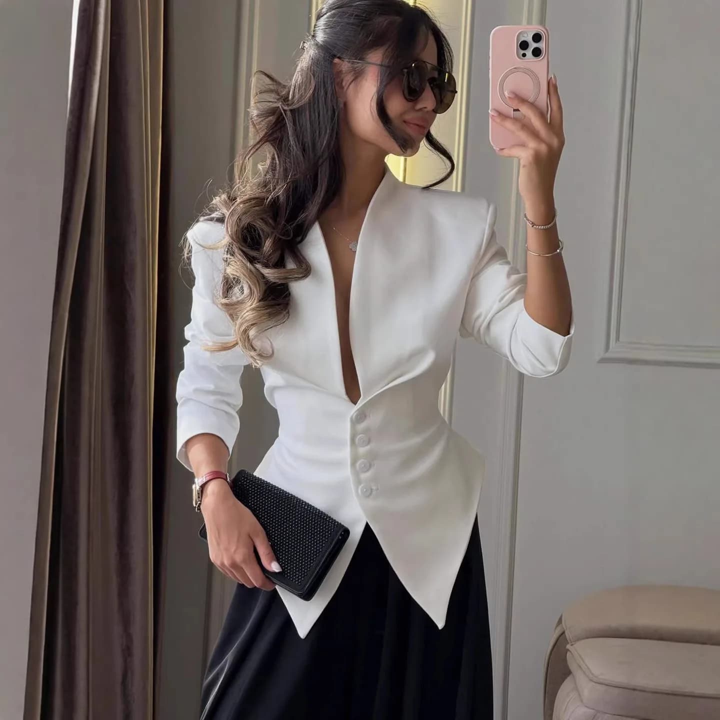 UNITIM Lace Up Solid Suit Jacket 2026 Pleated Women's Jacket Chic V-neck Waist Cinched Single Breasted Tie Up Full Sleeve Coats
