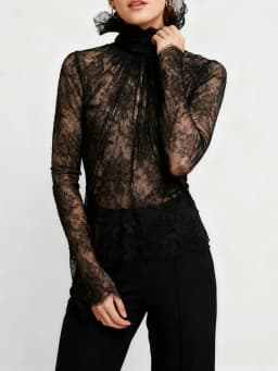 TWOTWINSTYLE Slimming Sheer Spliced Lace Sexy Blouses for Women High Neck Long Sleeves Patchwork Shirring Blouse Female Clothing