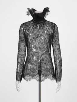 TWOTWINSTYLE Slimming Sheer Spliced Lace Sexy Blouses for Women High Neck Long Sleeves Patchwork Shirring Blouse Female Clothing