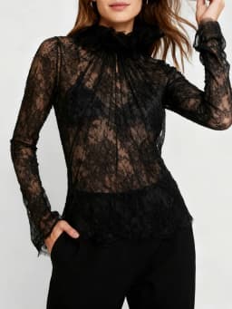TWOTWINSTYLE Slimming Sheer Spliced Lace Sexy Blouses for Women High Neck Long Sleeves Patchwork Shirring Blouse Female Clothing