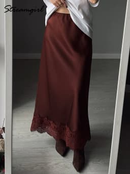 Streamgirl Summer Brown Satin Skirts For Women Long Luxury Bodycon Black Satin Silk Skirt With Lace Lady Office Maxi Skirt Lace