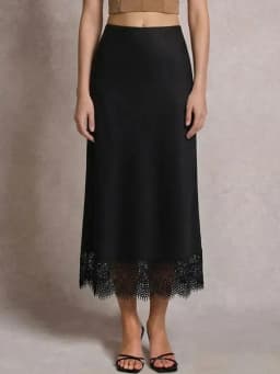 Streamgirl Summer Brown Satin Skirts For Women Long Luxury Bodycon Black Satin Silk Skirt With Lace Lady Office Maxi Skirt Lace