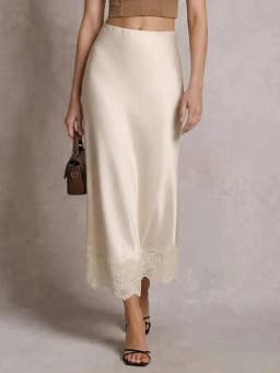 Streamgirl Summer Brown Satin Skirts For Women Long Luxury Bodycon Black Satin Silk Skirt With Lace Lady Office Maxi Skirt Lace