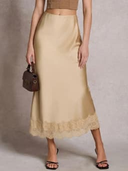 Streamgirl Summer Brown Satin Skirts For Women Long Luxury Bodycon Black Satin Silk Skirt With Lace Lady Office Maxi Skirt Lace