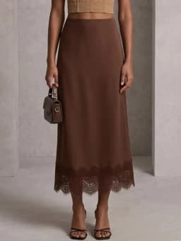 Streamgirl Summer Brown Satin Skirts For Women Long Luxury Bodycon Black Satin Silk Skirt With Lace Lady Office Maxi Skirt Lace