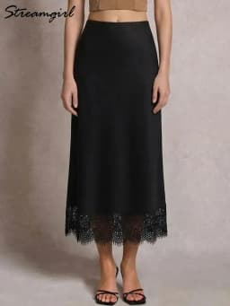 Streamgirl Summer Brown Satin Skirts For Women Long Luxury Bodycon Black Satin Silk Skirt With Lace Lady Office Maxi Skirt Lace