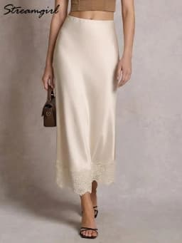 Streamgirl Summer Brown Satin Skirts For Women Long Luxury Bodycon Black Satin Silk Skirt With Lace Lady Office Maxi Skirt Lace