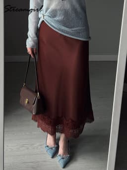 Streamgirl Summer Brown Satin Skirts For Women Long Luxury Bodycon Black Satin Silk Skirt With Lace Lady Office Maxi Skirt Lace