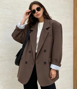 Women Loose Fit Blazer Notched Lapel Double Breasted Drop Shoulder Patch Pockets Casual Suit Jacket 2026 New Ladies Outerwear