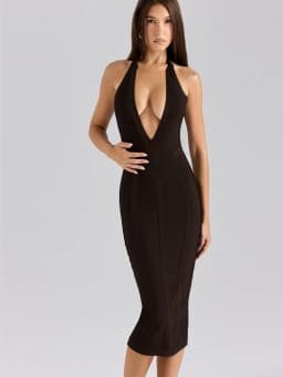 Deep V-neck halter-neck Mid-length Bodycon Bandage Dress Sexy Fashion Women's Summer Celebrity Evening Party Dress Vestidos