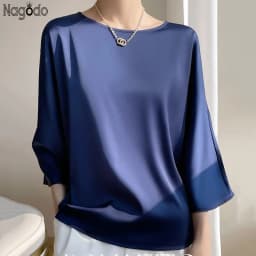 Summer Elegant O-neck Plus Size Silk Satin Blouse Female Shirts Office Ladies Loose Casual Top 3/4 Sleeve Tops for Women T Shirt