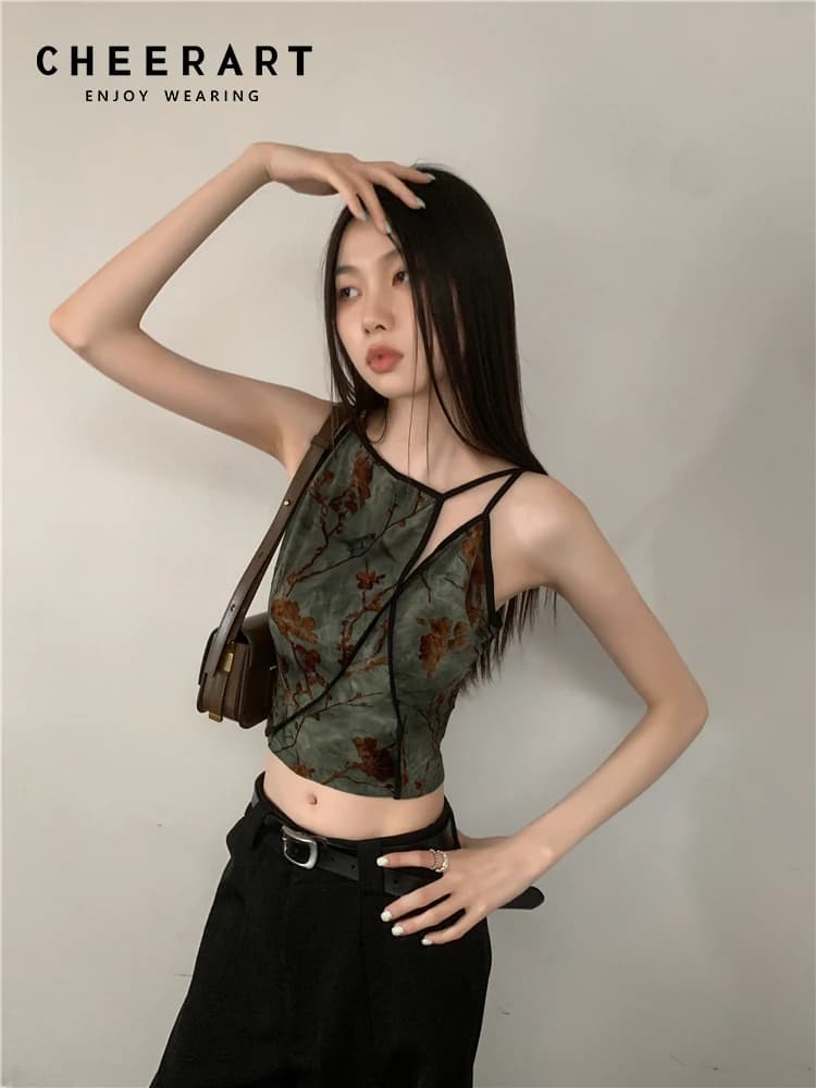 CHEERART Flocking Floral Vintage Crop Cami Top For Women Sleeveless Flower Green Tops Designer Clothes Luxury