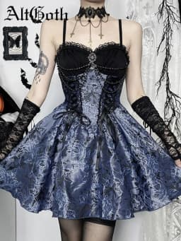 AltGoth Dark Gothic Lolita Dress Women Harajuku Streetwear Aesthetic Fairy Grunge Lace Patchwork Bandage Corset Dress Partywear